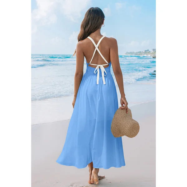 Robe longue bleue col V tissée sans manches