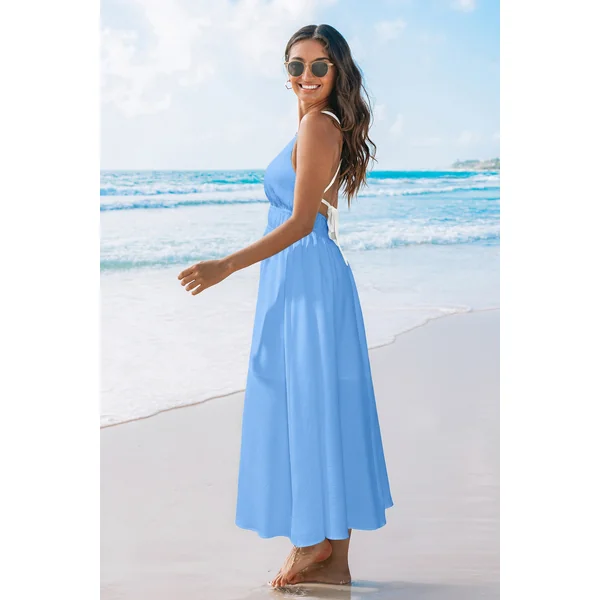 Robe longue bleue col V tissée sans manches