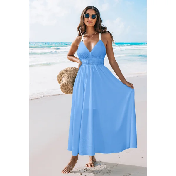 Robe longue bleue col V tissée sans manches