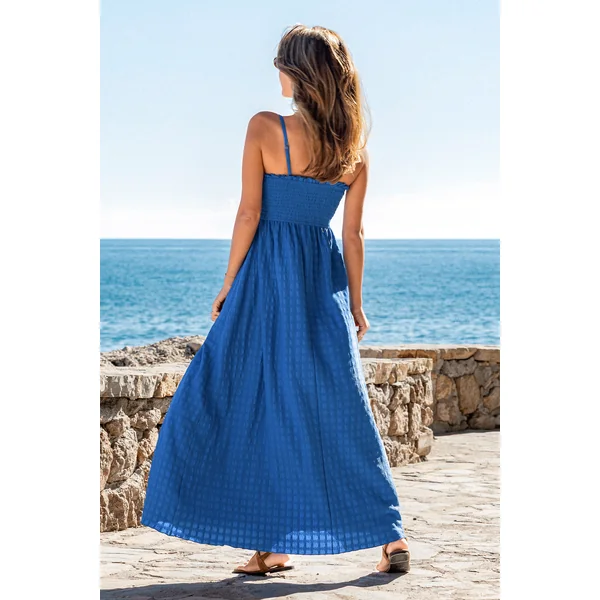 Robe longue bleue tissée col carré sans manches
