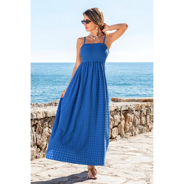 Robe longue bleue tissée col carré sans manches