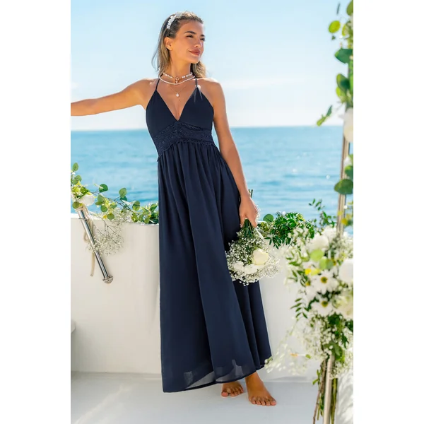 Robe longue bleue tissée col plongeant