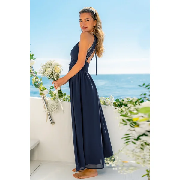 Robe longue bleue tissée col plongeant
