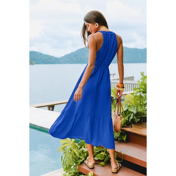 Robe longue bleue à col cranté