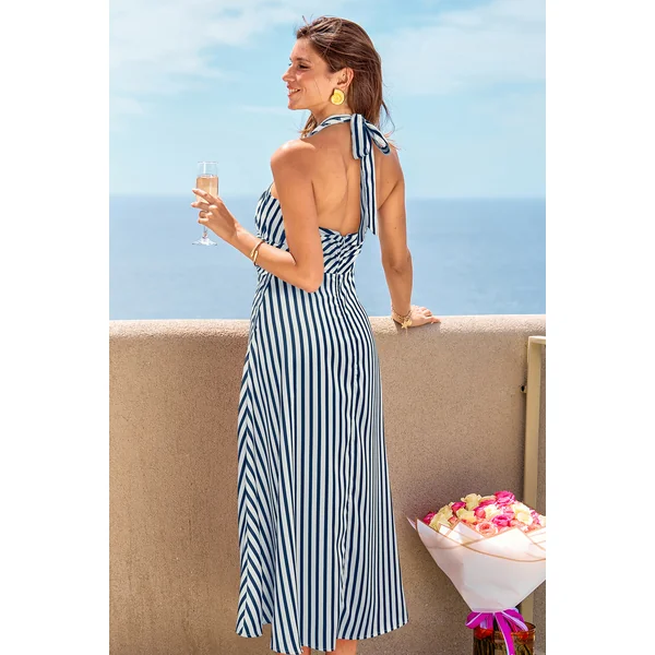 Robe longue bleue à rayures sans manches