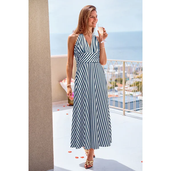 Robe longue bleue à rayures sans manches