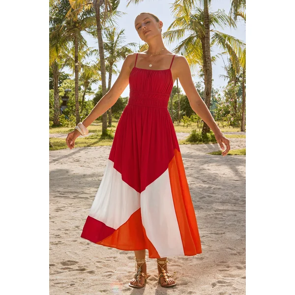 Robe longue bloccs de couleur col carré
