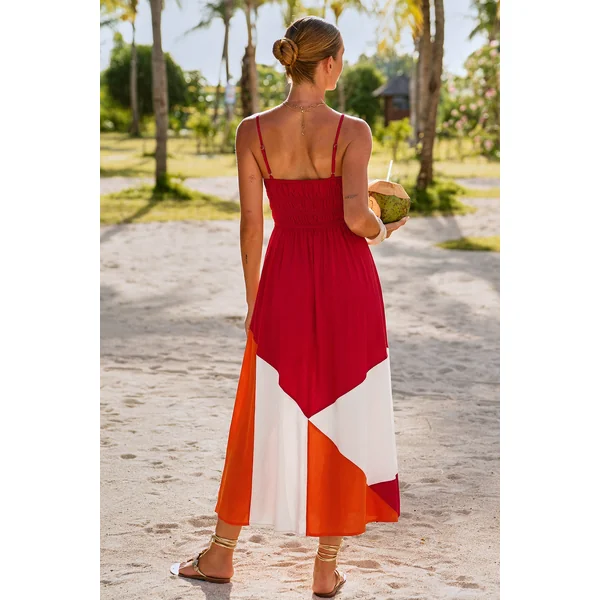 Robe longue bloccs de couleur col carré