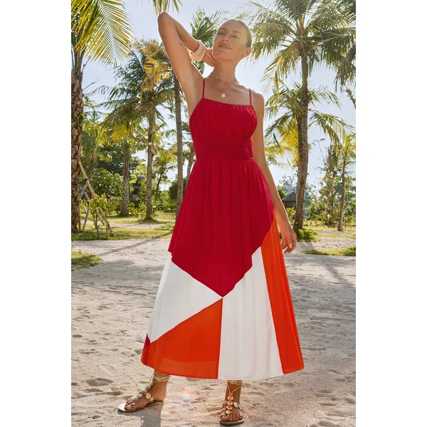 Robe longue bloccs de couleur col carré