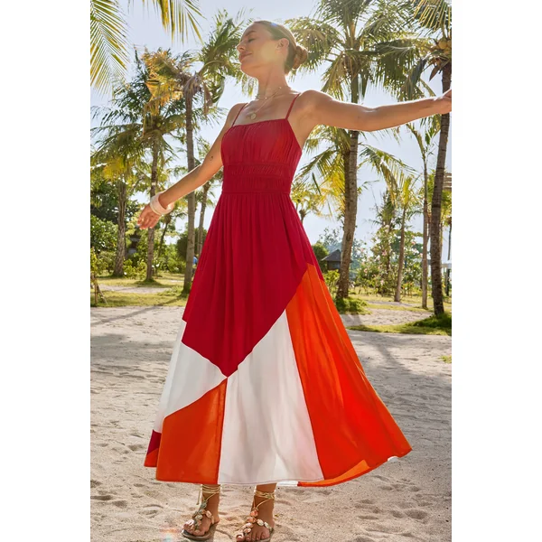 Robe longue bloccs de couleur col carré