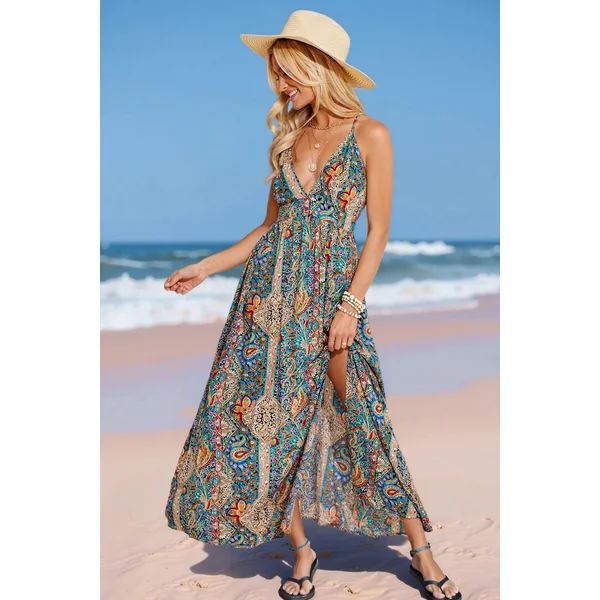 Robe longue bohème à col plongeant et motif paisley