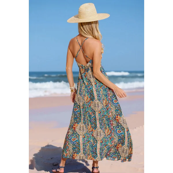 Robe longue bohème à col plongeant et motif paisley