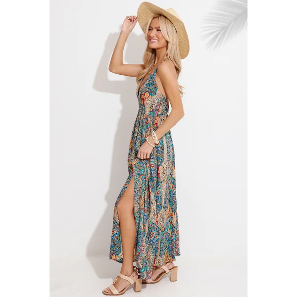 Robe longue bohème à col plongeant et motif paisley