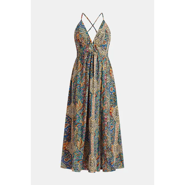 Robe longue bohème à col plongeant et motif paisley