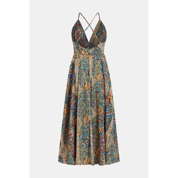 Robe longue bohème à col plongeant et motif paisley
