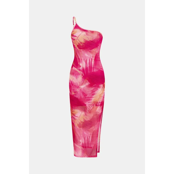 Robe longue col asymétrique fendue sur le côté