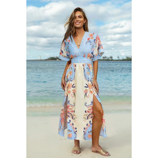 Robe longue col plongeant manches courtes