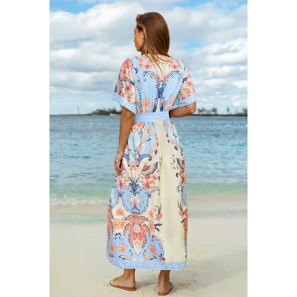 Robe longue col plongeant manches courtes