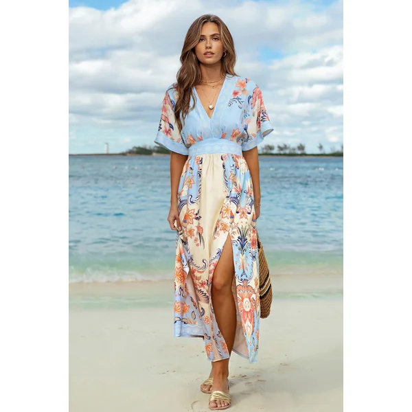 Robe longue col plongeant manches courtes
