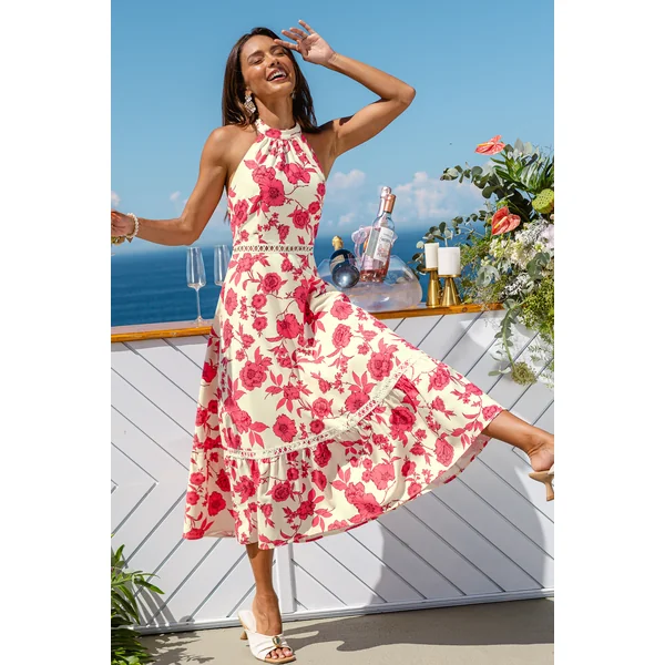 Robe longue fleurie à col haut