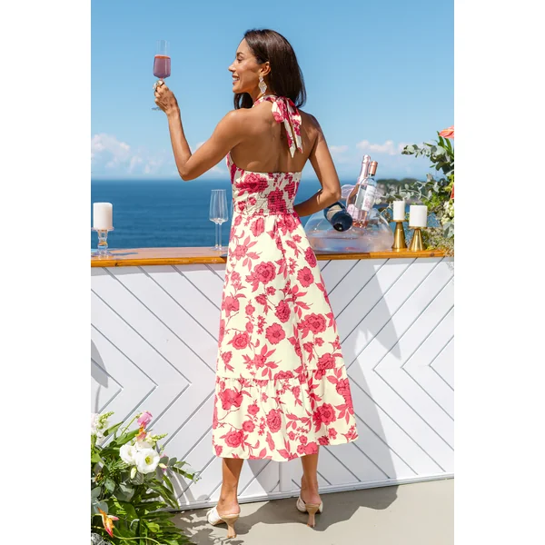 Robe longue fleurie à col haut