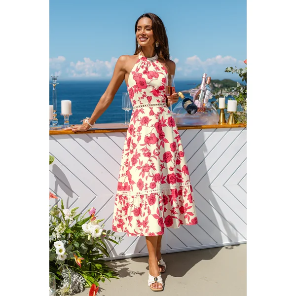 Robe longue fleurie à col haut