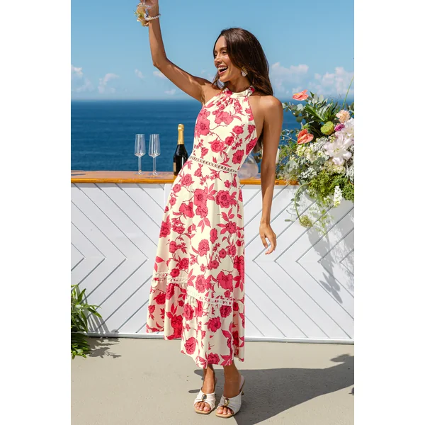 Robe longue fleurie à col haut