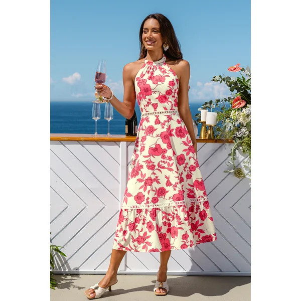Robe longue fleurie à col haut