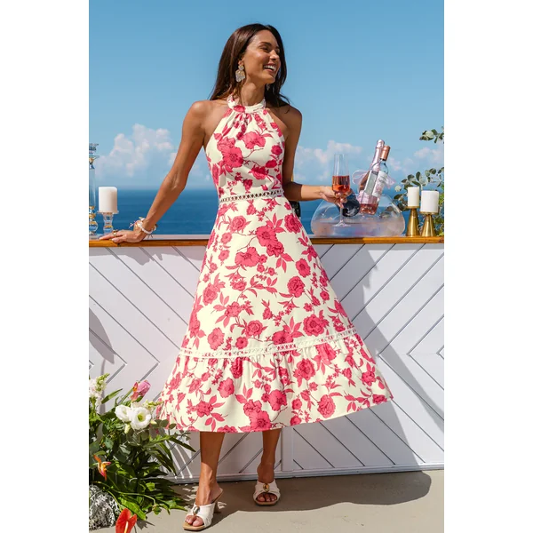Robe longue fleurie à col haut