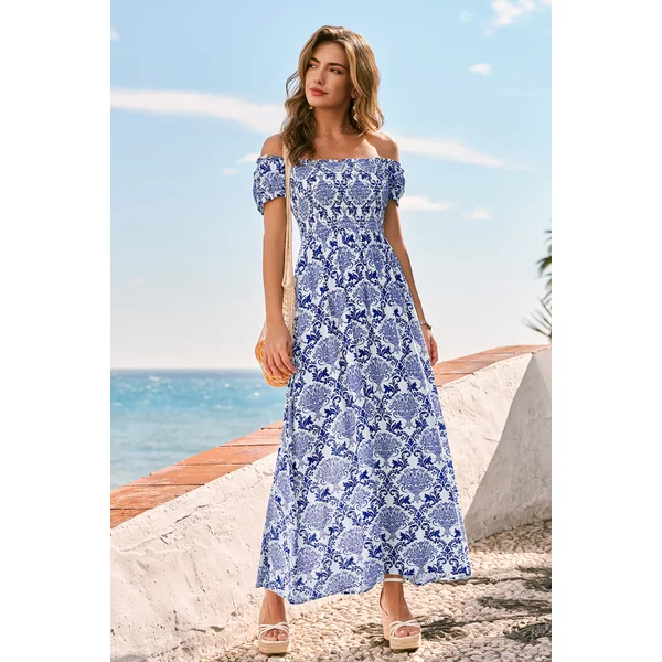 Robe longue florale buste smocké