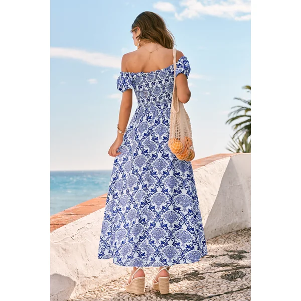 Robe longue florale buste smocké