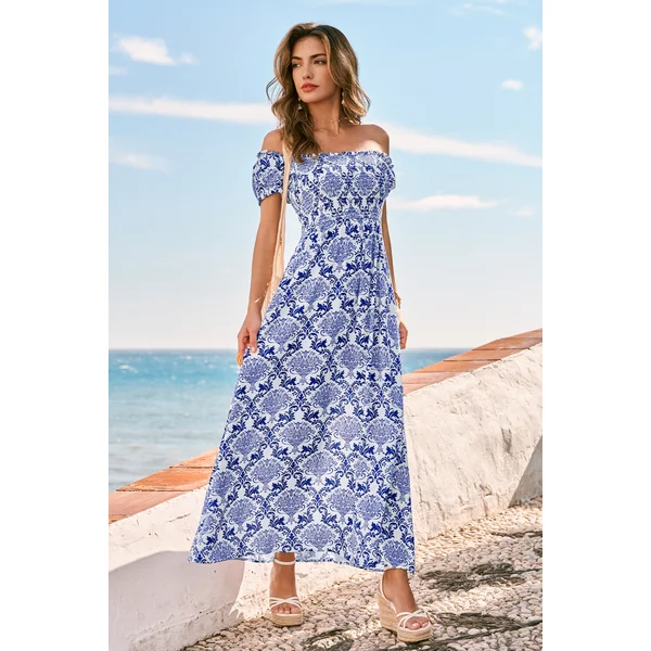 Robe longue florale buste smocké