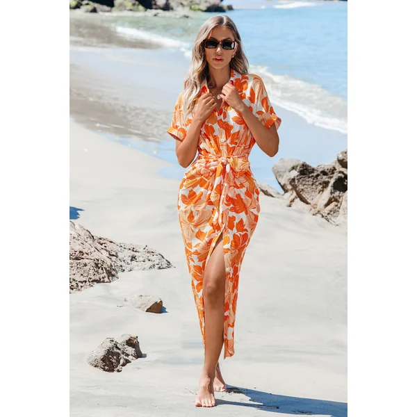 Robe longue florale col chemise
