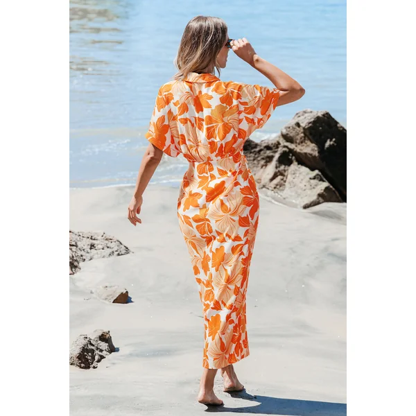 Robe longue florale col chemise