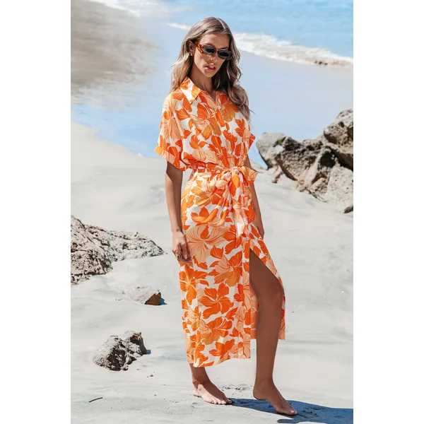 Robe longue florale col chemise