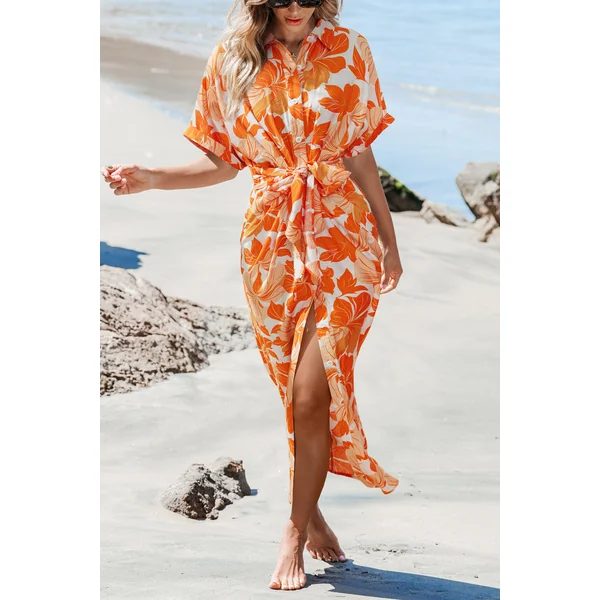 Robe longue florale col chemise