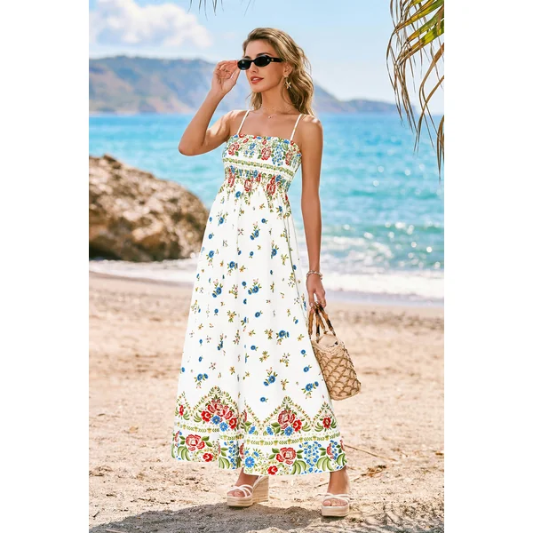 Robe longue florale multicolore col carré buste smocké