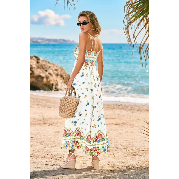 Robe longue florale multicolore col carré buste smocké