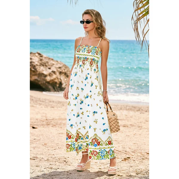 Robe longue florale multicolore col carré buste smocké
