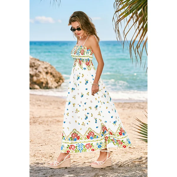 Robe longue florale multicolore col carré buste smocké