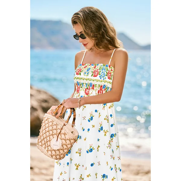 Robe longue florale multicolore col carré buste smocké