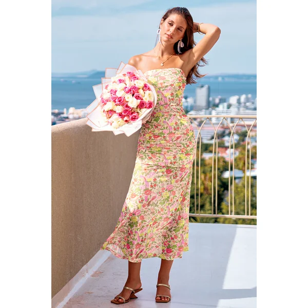 Robe longue florale multicolore col droit