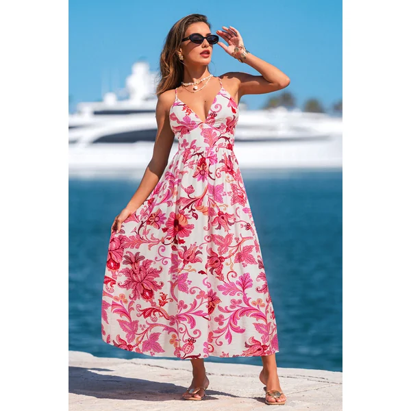 Robe longue florale rose