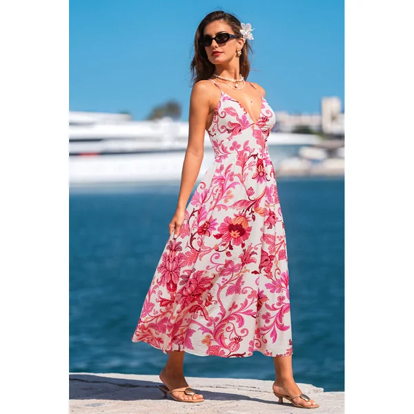 Robe longue florale rose