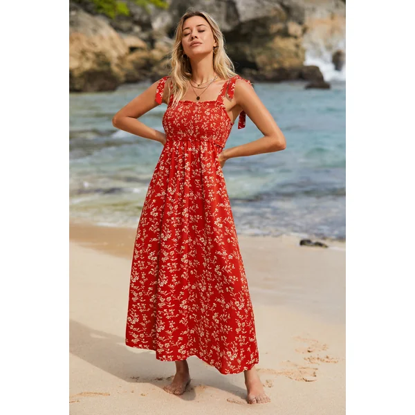 Robe longue florale rouge