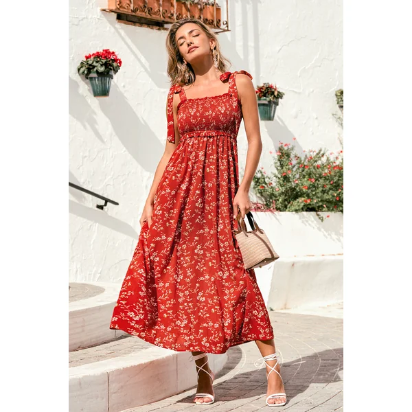 Robe longue florale rouge
