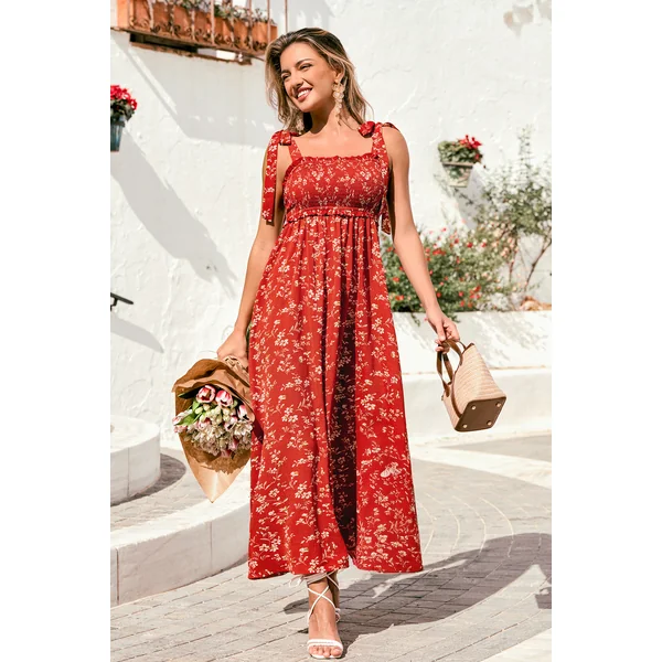 Robe longue florale rouge