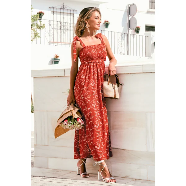 Robe longue florale rouge