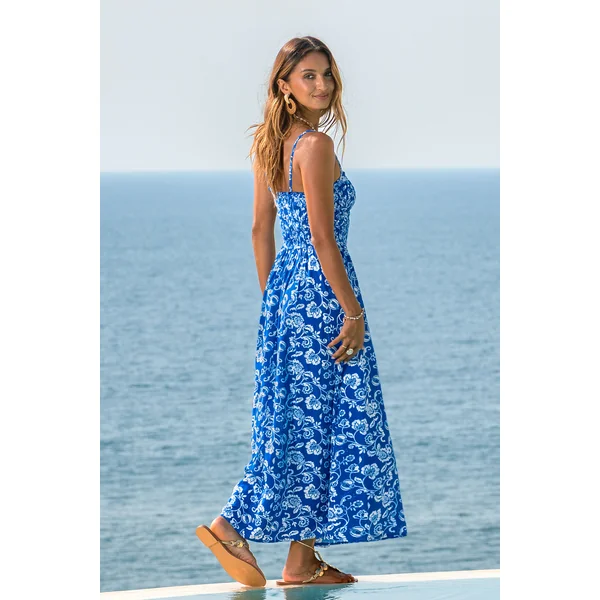 Robe longue florale smockée col carré