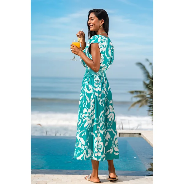 Robe longue florale à col croisé sans manches avec volants